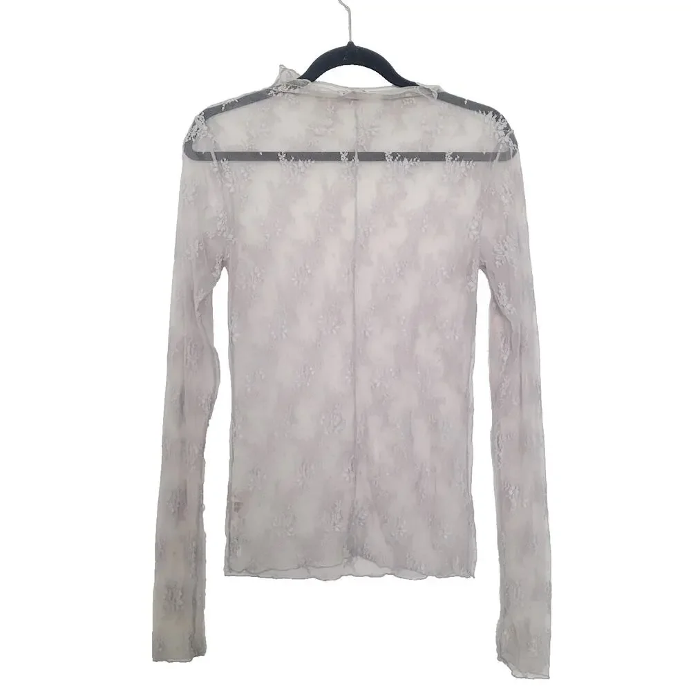 Intimately Free People Sheer Floral Lace Long Sleeve Top Gray Sz L Fairy Dainty